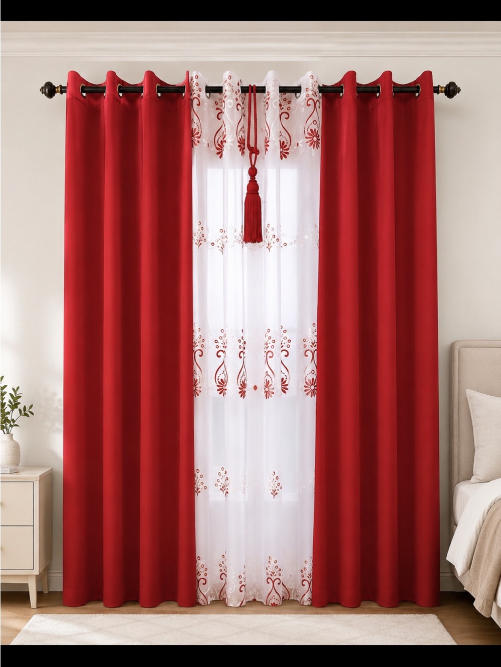 Red Grommet Blackout Panels with White Embroidered Sheer - Modern Window Set